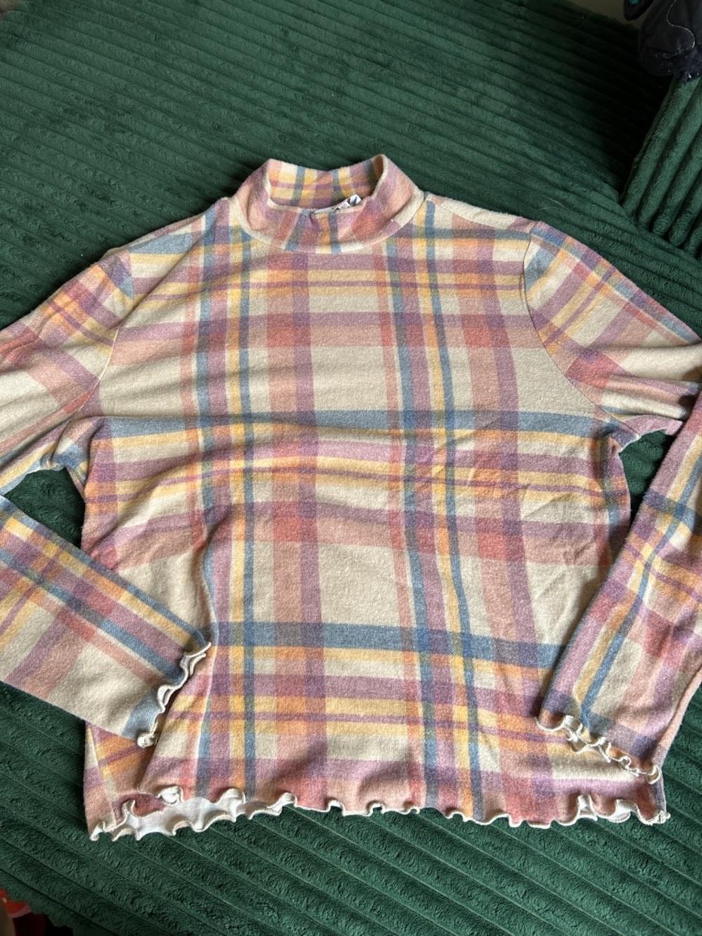 Candie's Plaid Mock Neck Sweater in Pink, Cream & Blue